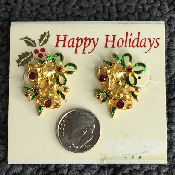 Vintage Christmas Bell Pierced Earrings Gold Tone w/‎ Green & Red - Picture 6 of 13